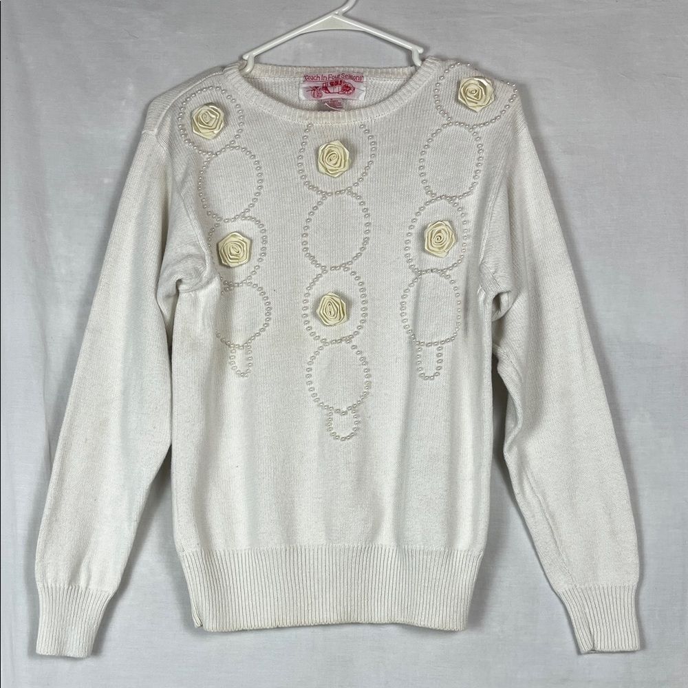 Vintage Coach in Four Seasons Cream Grandma Sweater with Beads and Rose Embellis